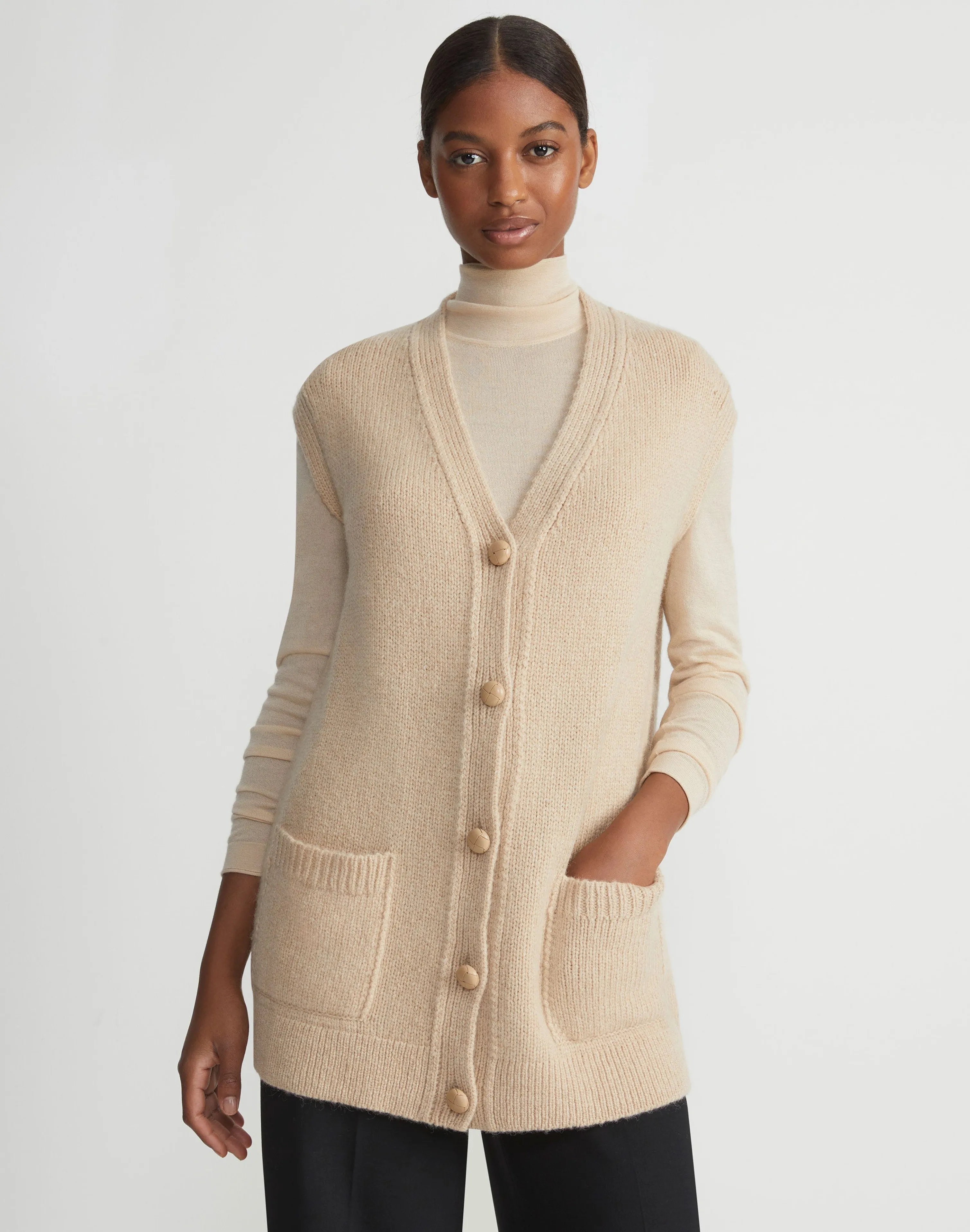 Camel Hair Chainette Button Sweater Vest