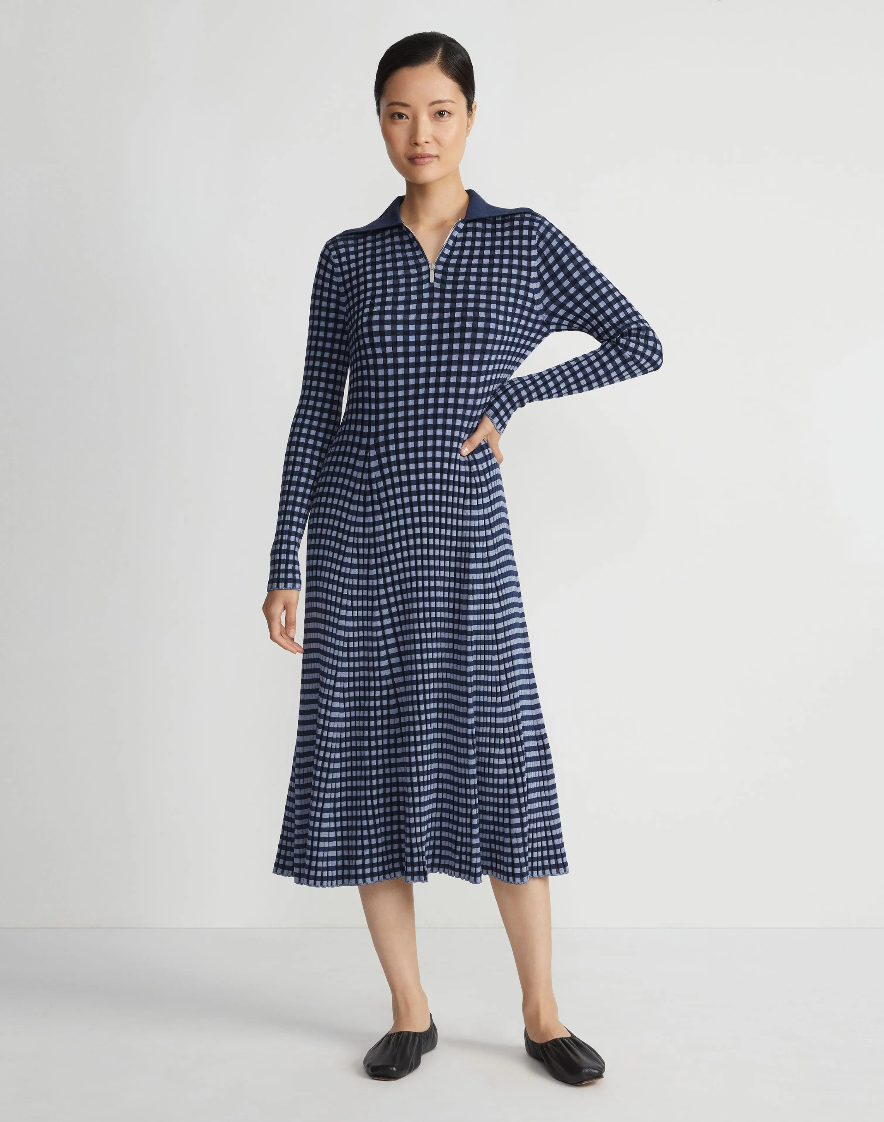 Gingham Responsible Matte Crepe Collared Half-Zip Dress