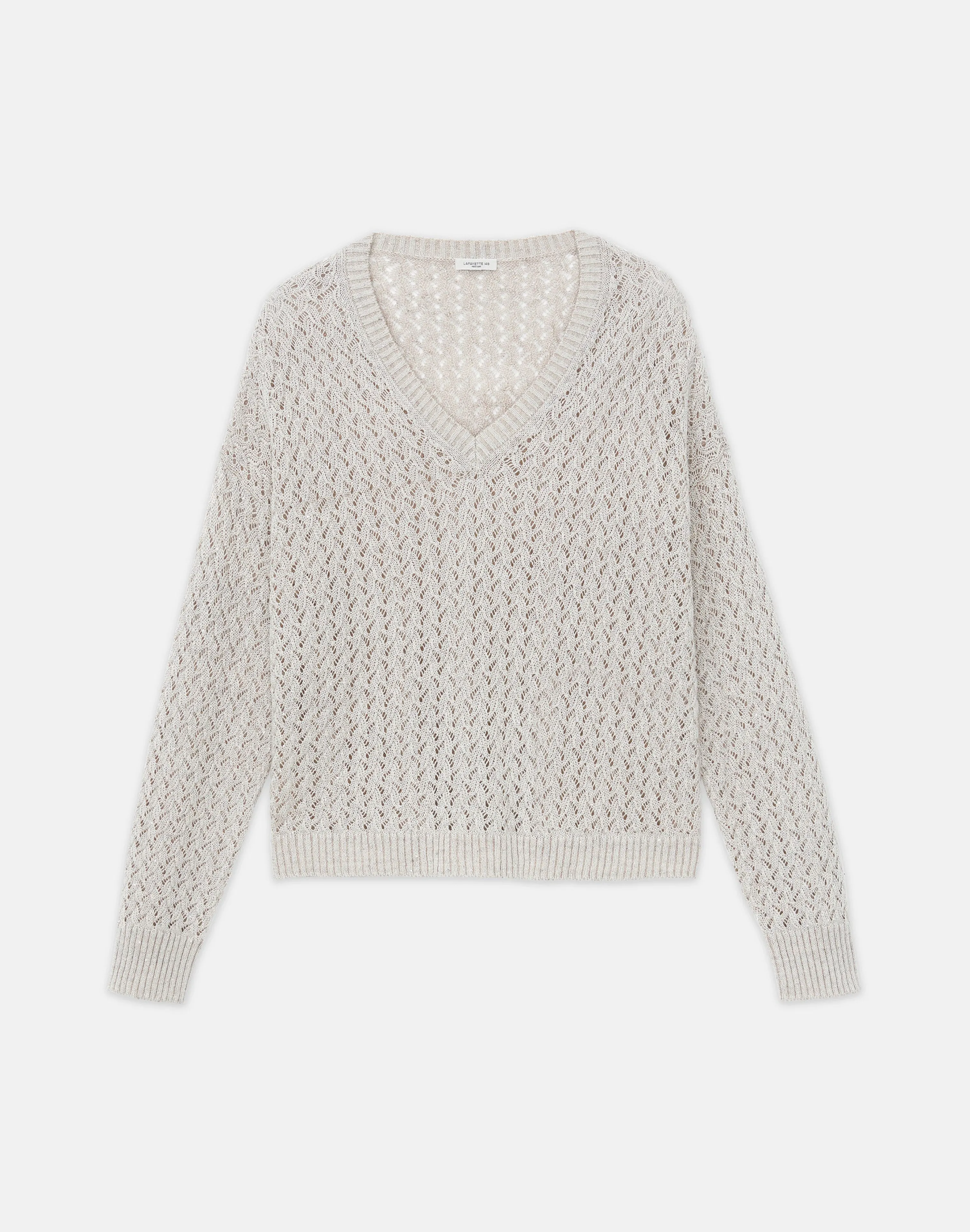 Sustainable Linen-Silk Sequin Cable V-Neck Sweater