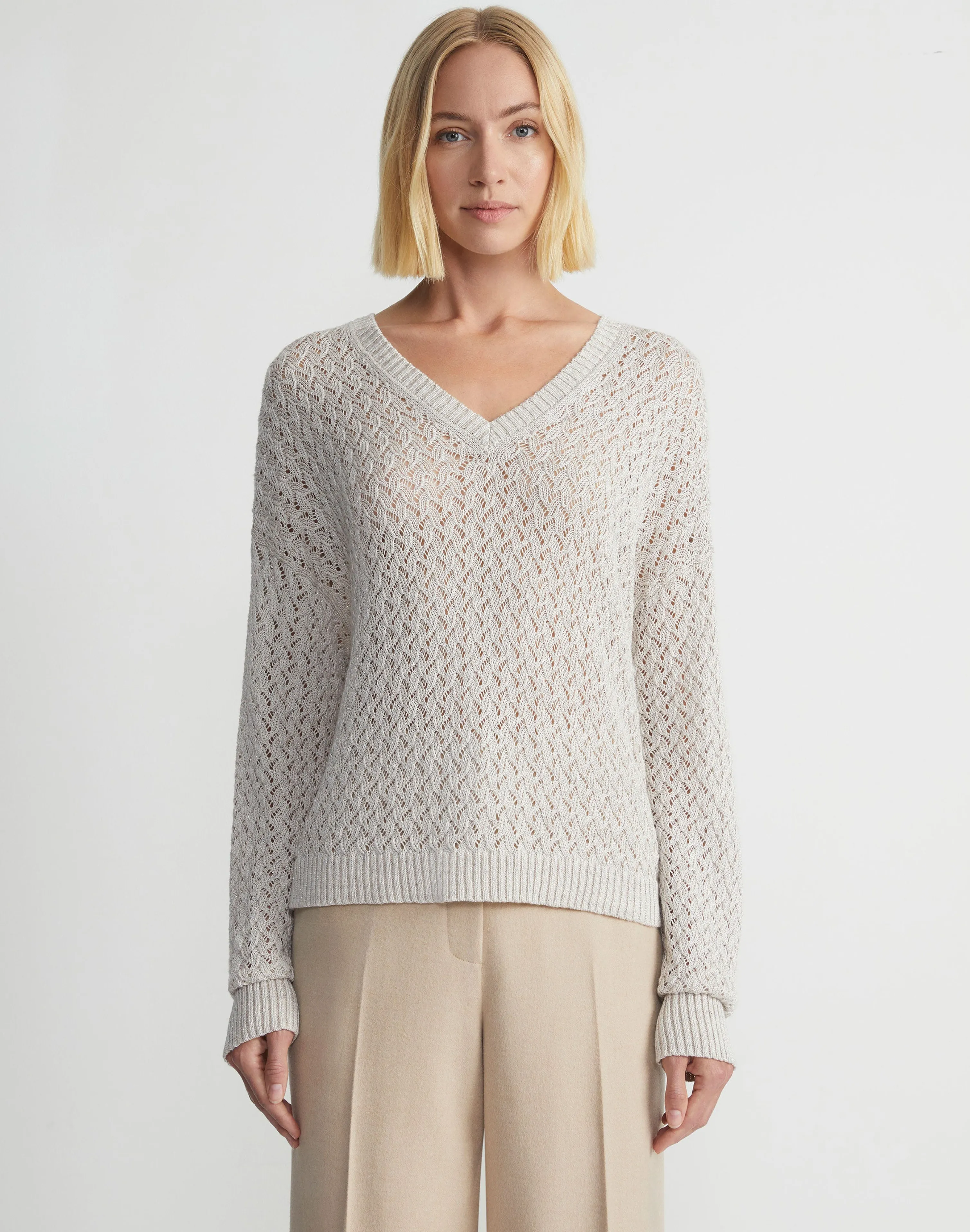 Sustainable Linen-Silk Sequin Cable V-Neck Sweater