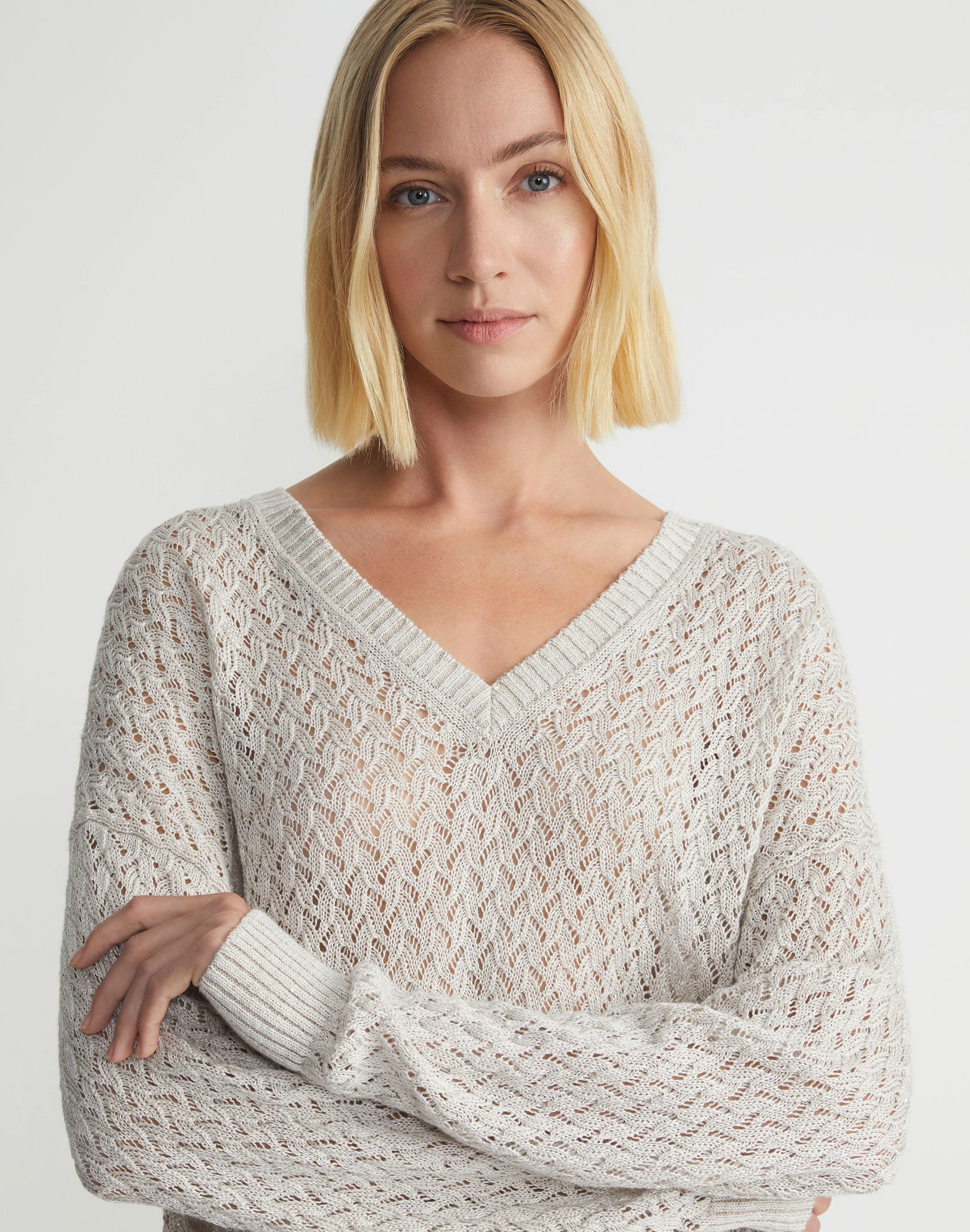 Sustainable Linen-Silk Sequin Cable V-Neck Sweater