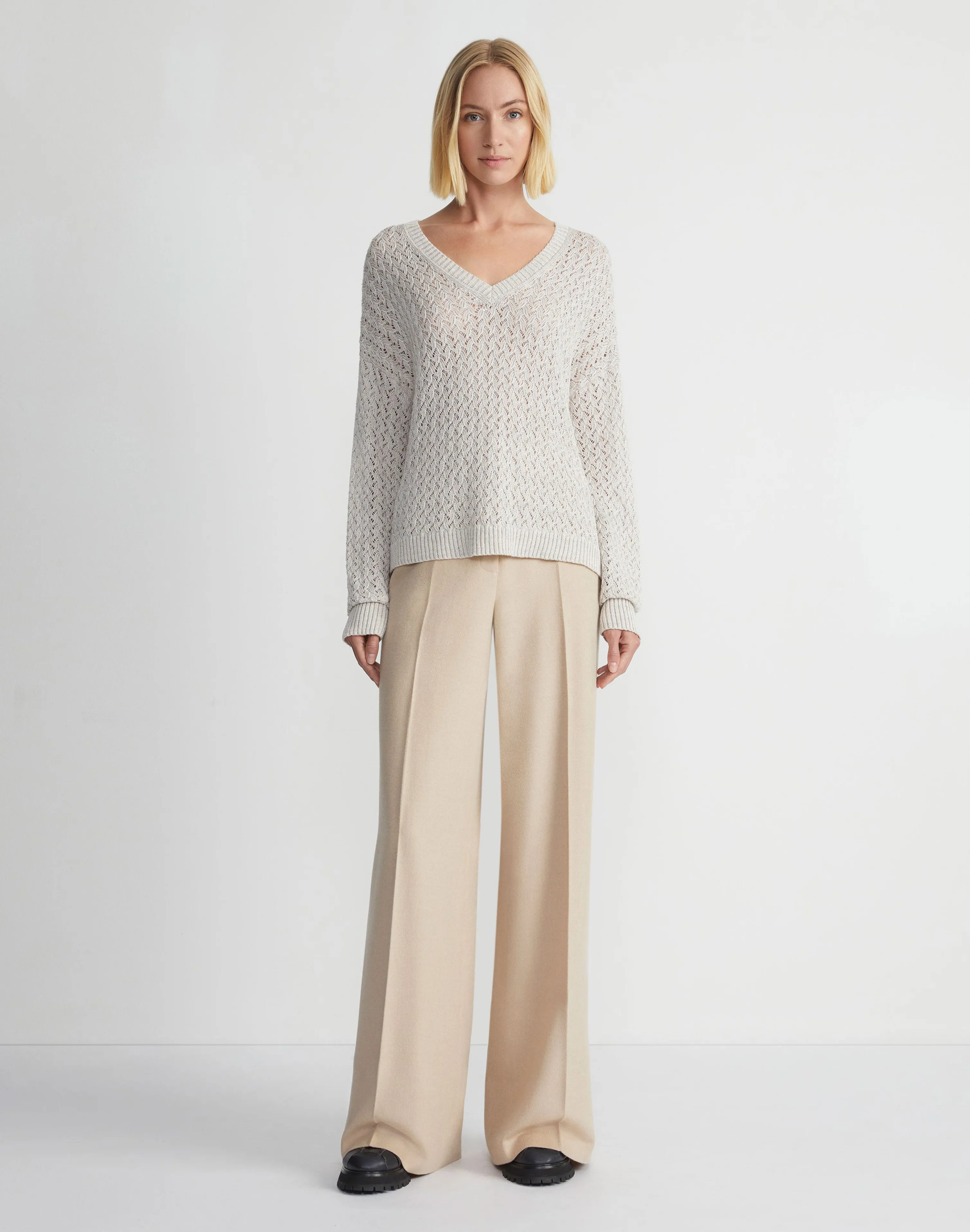 Sustainable Linen-Silk Sequin Cable V-Neck Sweater