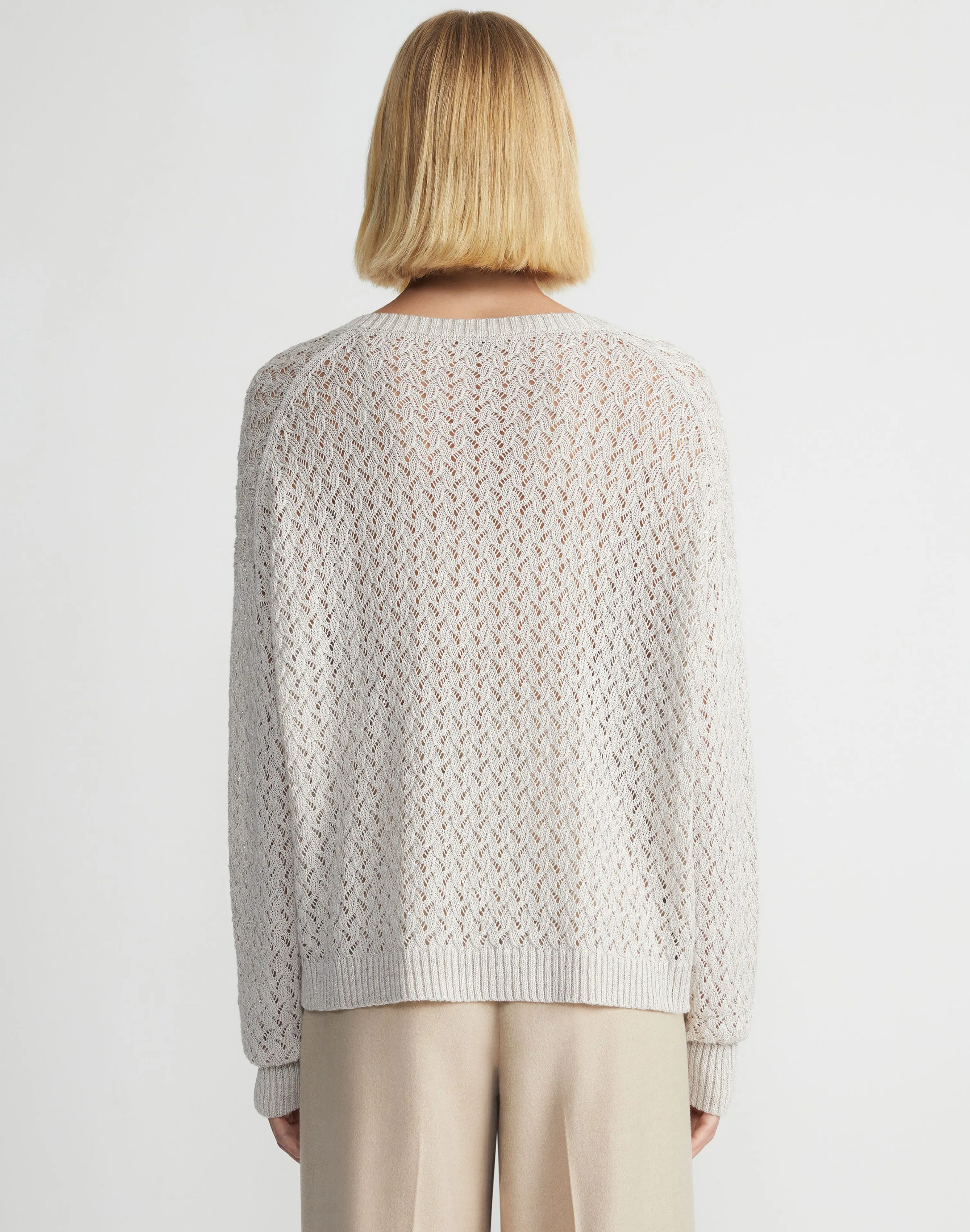 Sustainable Linen-Silk Sequin Cable V-Neck Sweater