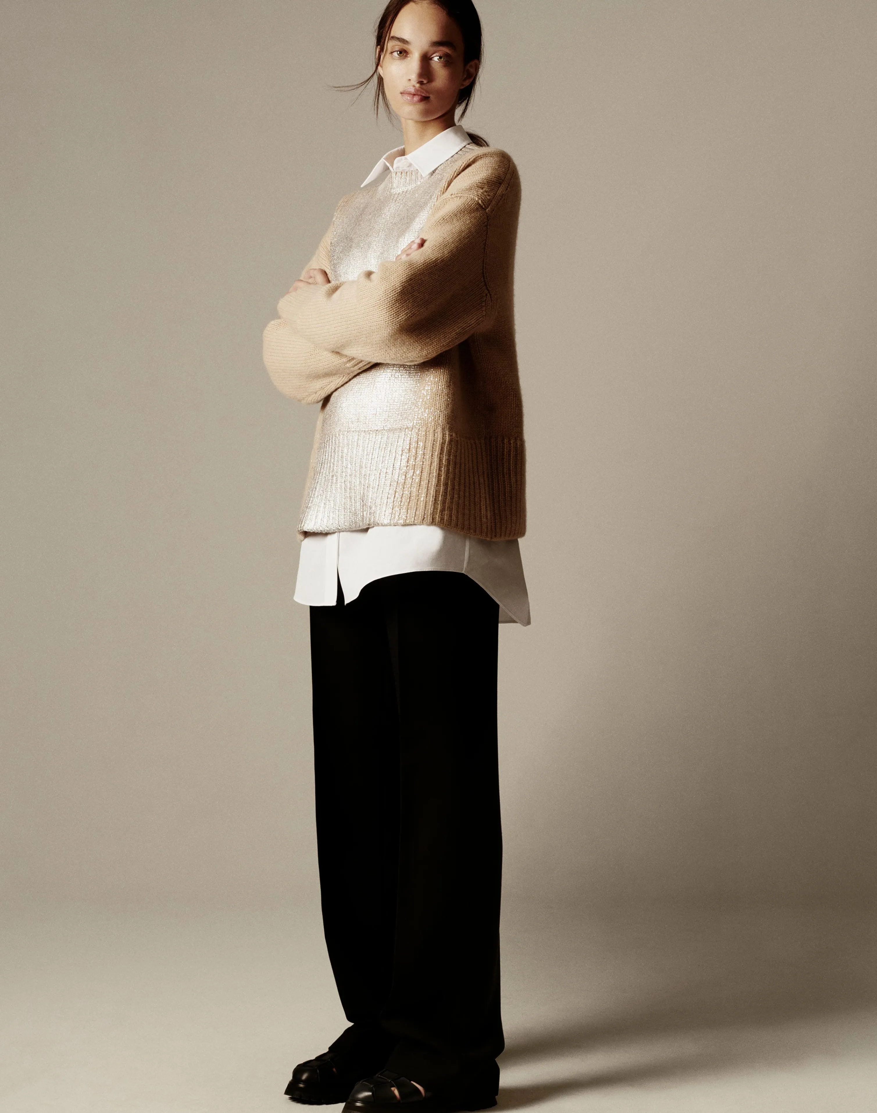 Metallic Foil Print Cashmere Crewneck Sweater