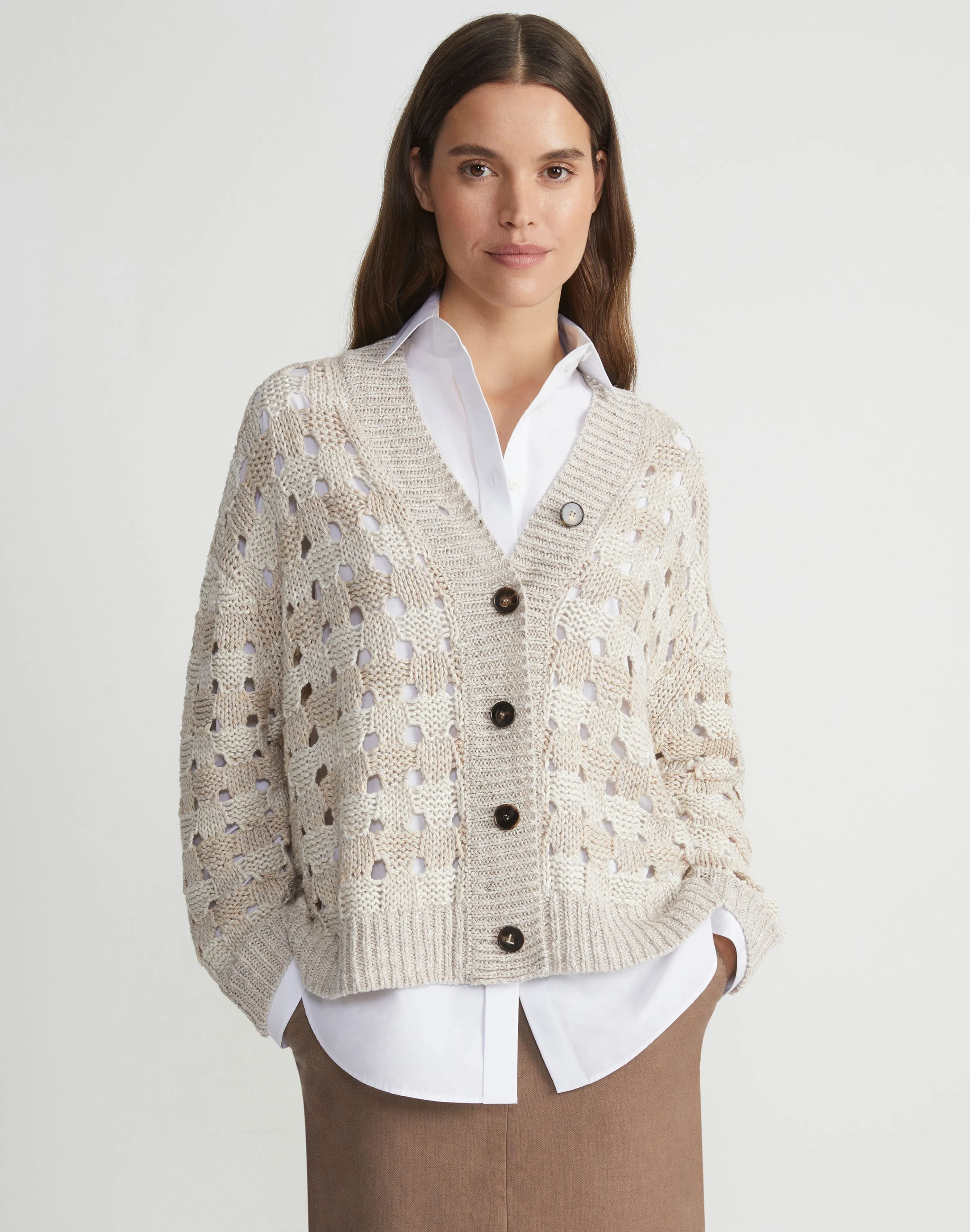 Gingham Sustainable Linen-Silk Chainette Open Stitch Cardigan