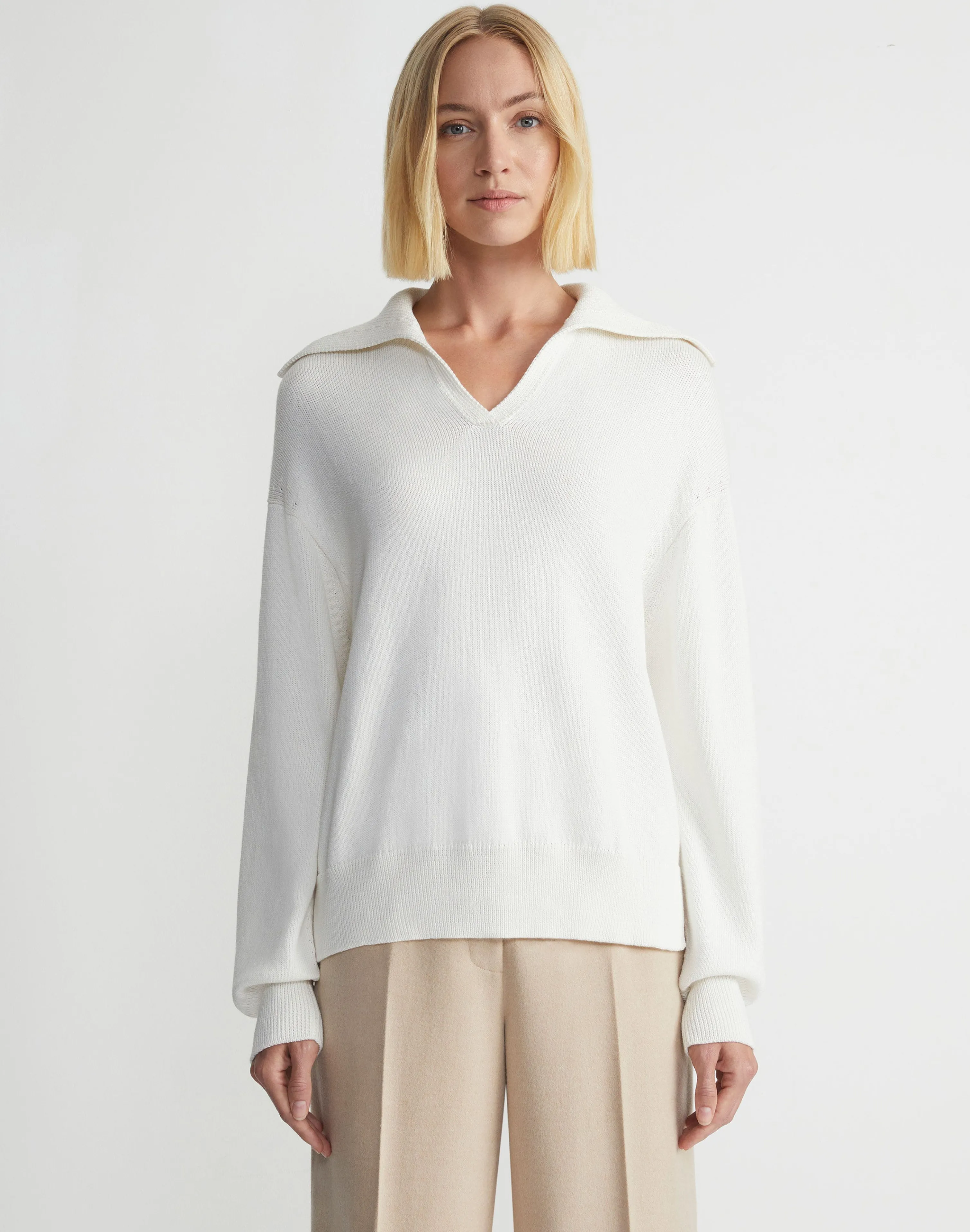 Cotton-Silk Tape Collared Sweater